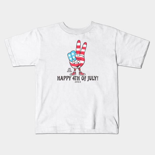 Happy Fourth of July 2023 Patriotic Peace Sign Cartoon Kids T-Shirt by Contentarama